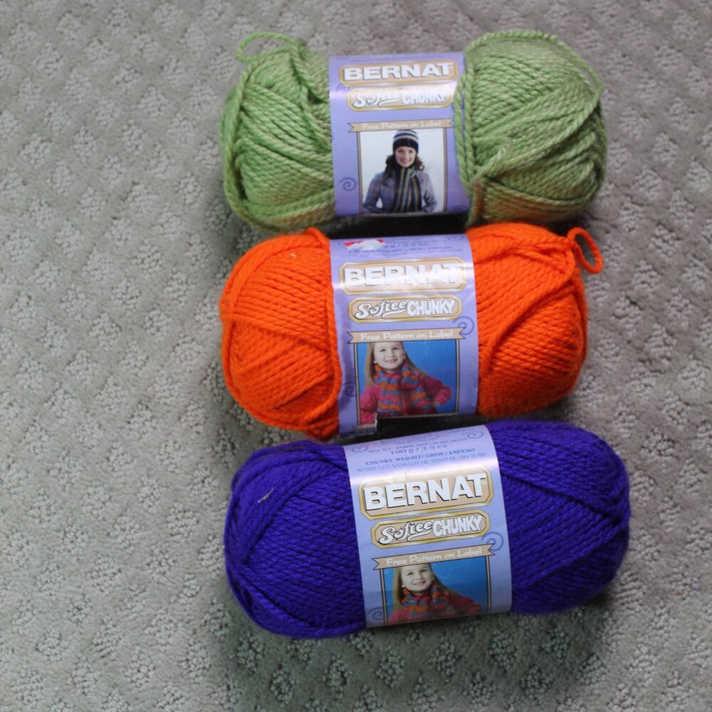3 Skeins Bernat Softee Chunky 100% Acrylic Orange Green Purple 164 yd Ea Yarn